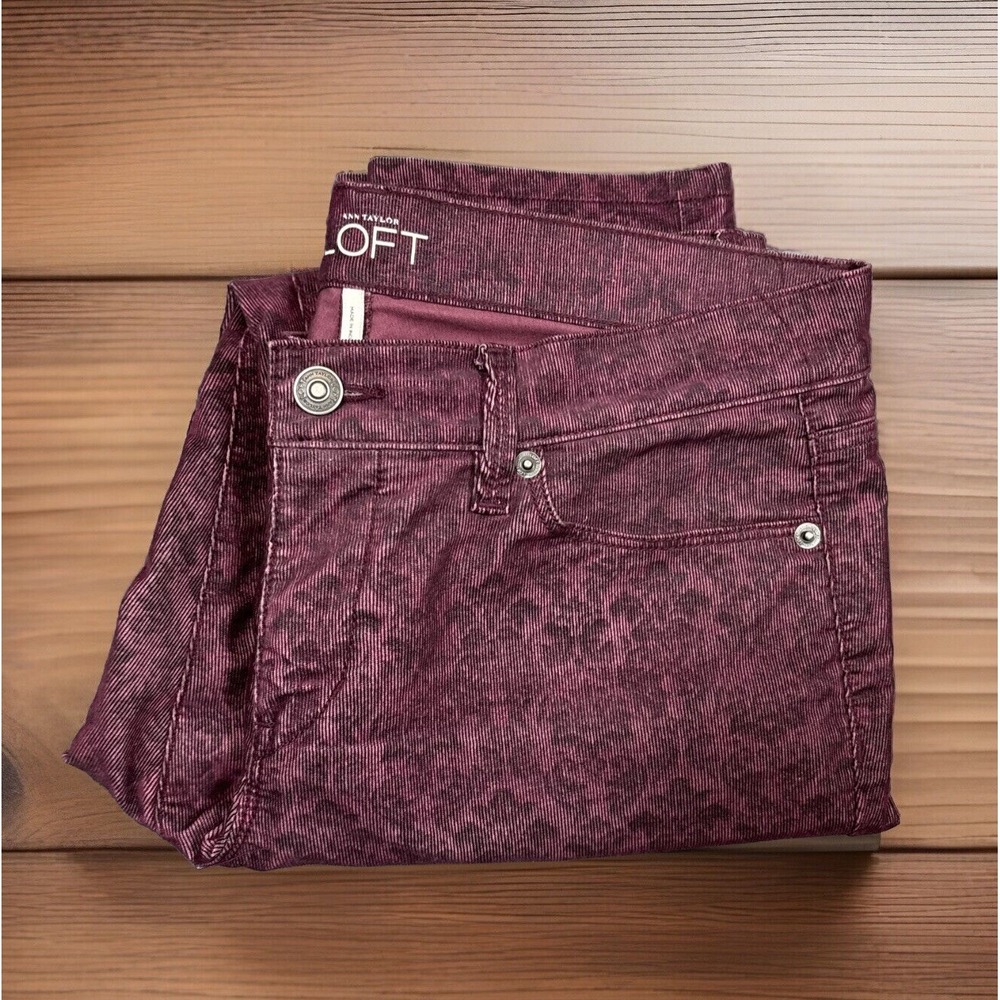 Loft Corduroy Pants Size 29/8P Tapered Leg Modern Skinny Burgundy Damask Print - Picture 1 of 11